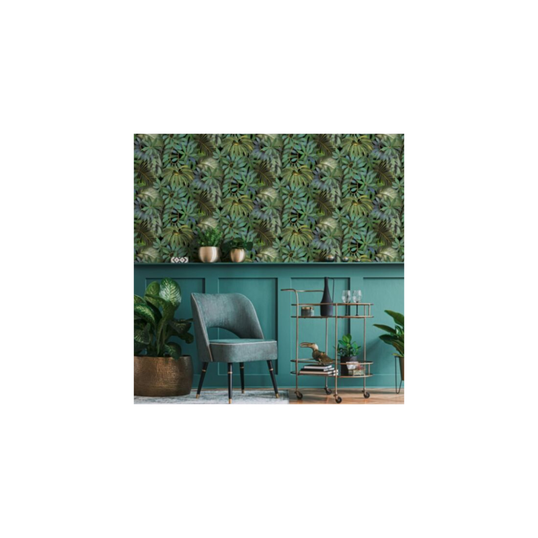 PAPIER PEINT - Motif feuillage exotique vert